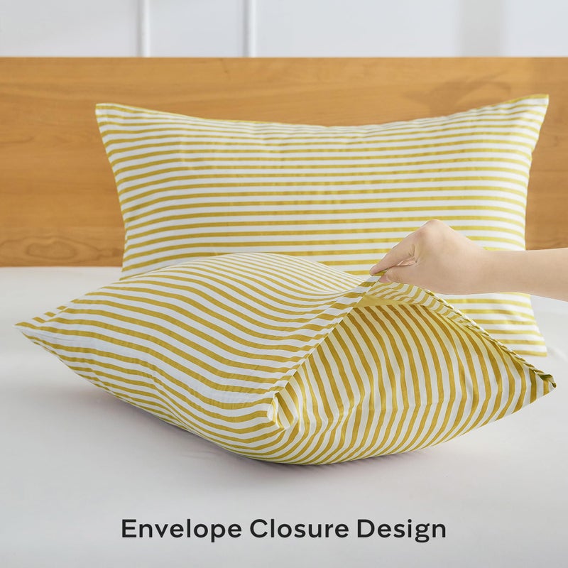 JELLYMONI 100% Natural Cotton Striped King Pillowcases Set, 2 Pack White and Yellow Stripes Pattern Printed Pillow Covers with Envelope Closure(Pillows are not Included) - Image 4